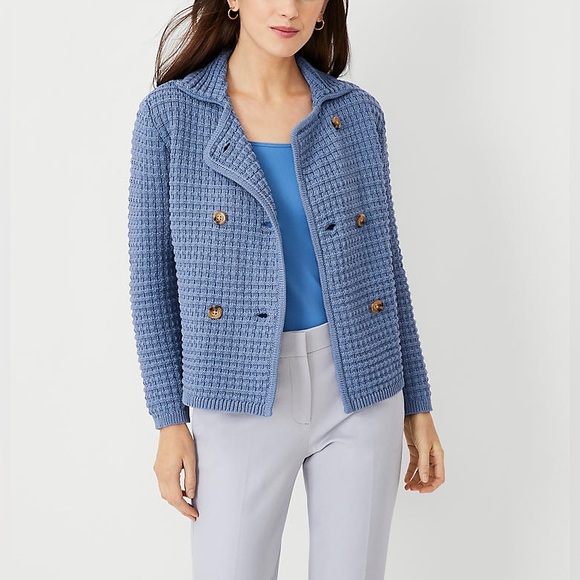 NWOT Ann Taylor Textured Stitch Sweater Jacket Navy Size XL - Picture 2 of 6